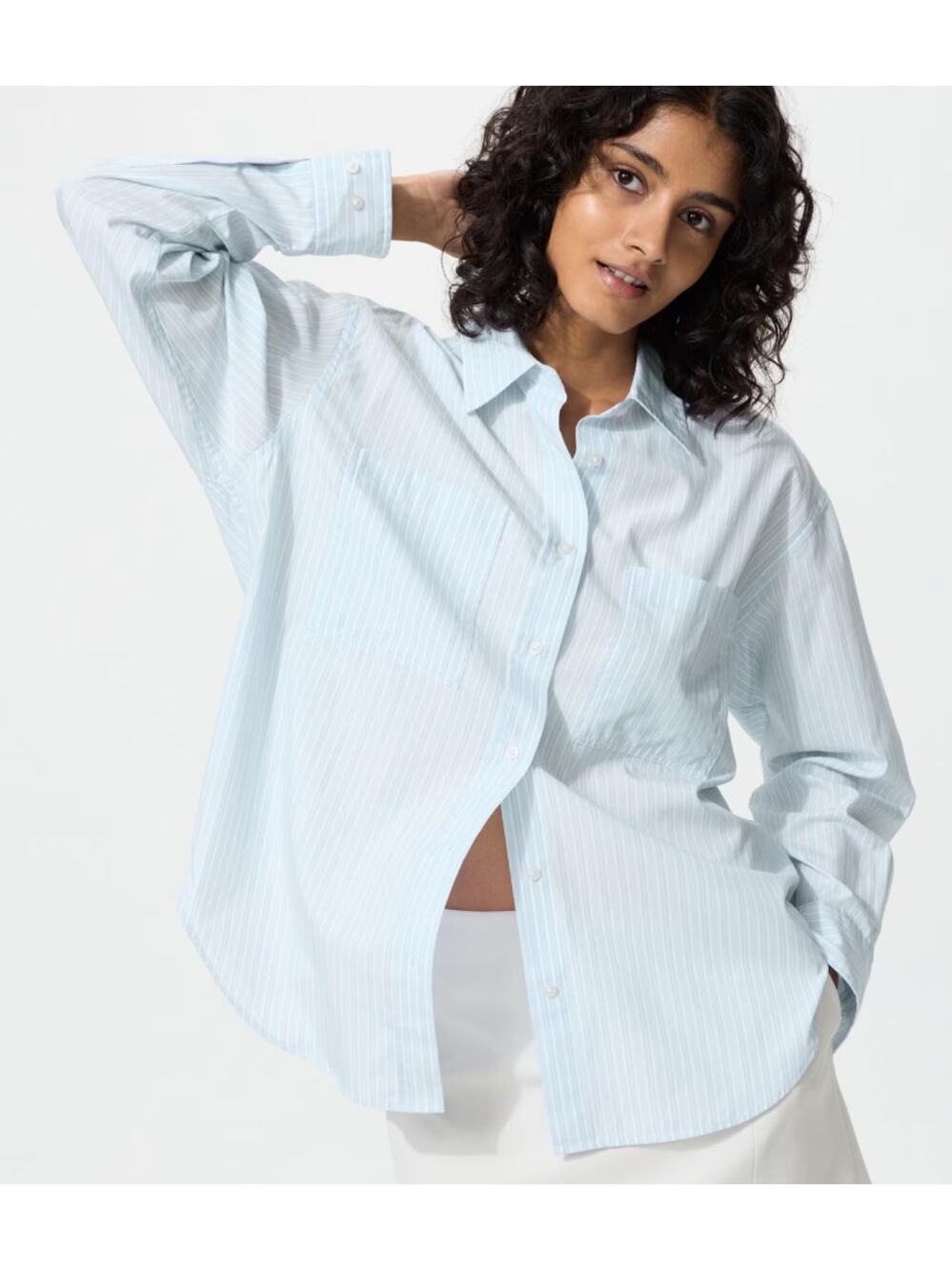 Uniqlo Cotton Oversized Long Sleeve Striped Shirt in 60 Light Blue